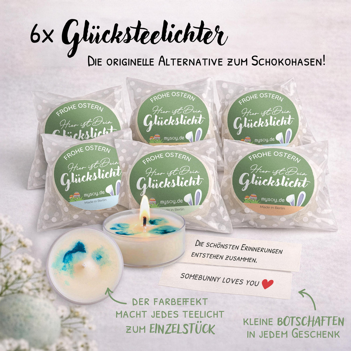 Kleine Ostergeschenke Set – Glückslicht Teelichter mit Botschaft