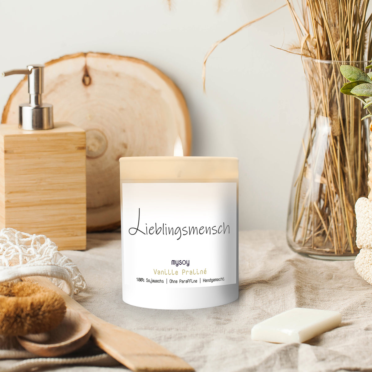 Duftkerze Mit Spruch „Leben Ist“ – Handgemachte Sojawachs-Kerze Im Glas, 600 G, Weiß