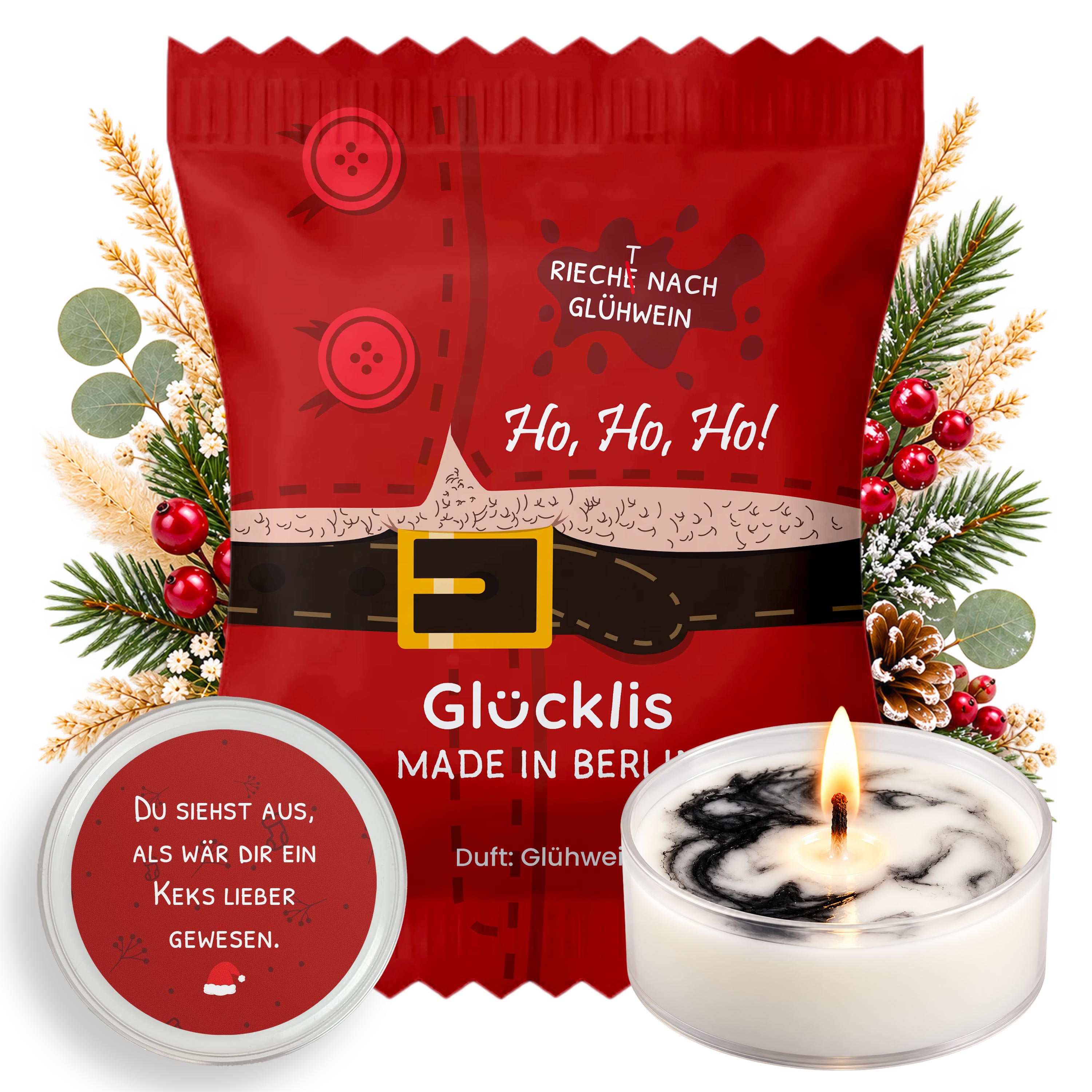 Glücklis Bad Santa Adventskalender Füllung - Teelichter mit Botschaften & Glühwein Duft